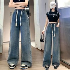 慵懒风松紧腰抽绳牛仔裤女春秋韩版ins高腰显瘦百搭阔腿拖地裤潮