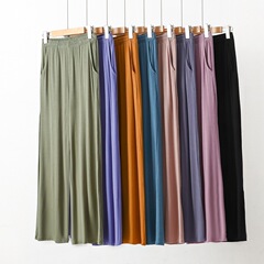 女性用モーダルワイドレッグパンツ、春と秋のハイウエスト、大きいサイズのポケット、ウエストゴムパンツ、ルーズストレートカジュアルパンツ