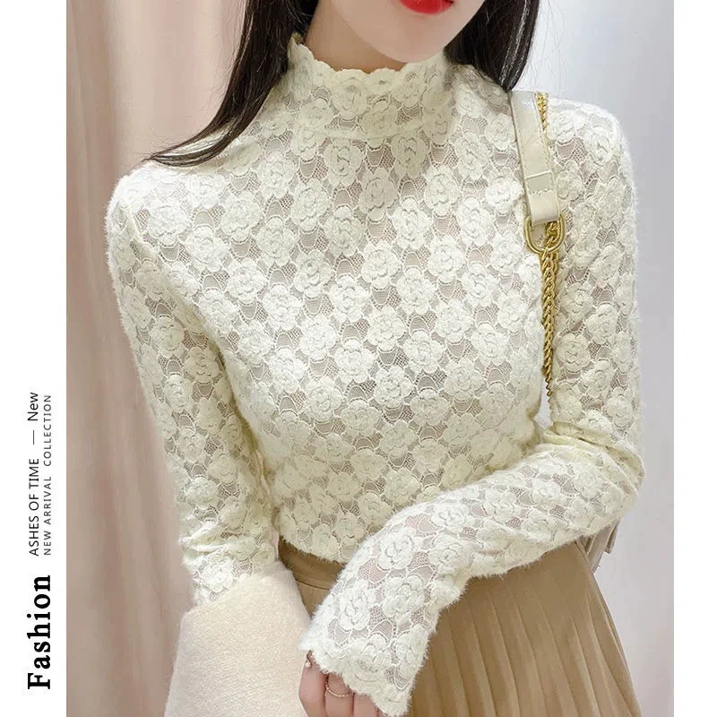 2235 матовая кружевная нижняя рубашка с полувысоким воротником женская одежда с длинными рукавами 2024 осень и зима дикая рубашка с плюшевым топом