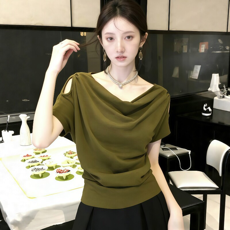 Áo thun nữ tay ngắn cổ swing hở vai phong cách thời trang — xanh lá cây chi tiết 2