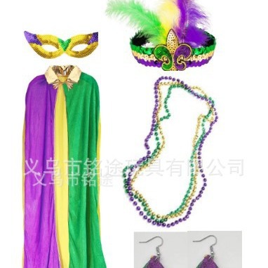 Accesorios para el Cabello de Carnaval de Mardi Gras, Máscara Tricolor, Corbata de Moño, Cadena de Cuentas Electrochapadas, Conjunto para Fiesta de Carnaval