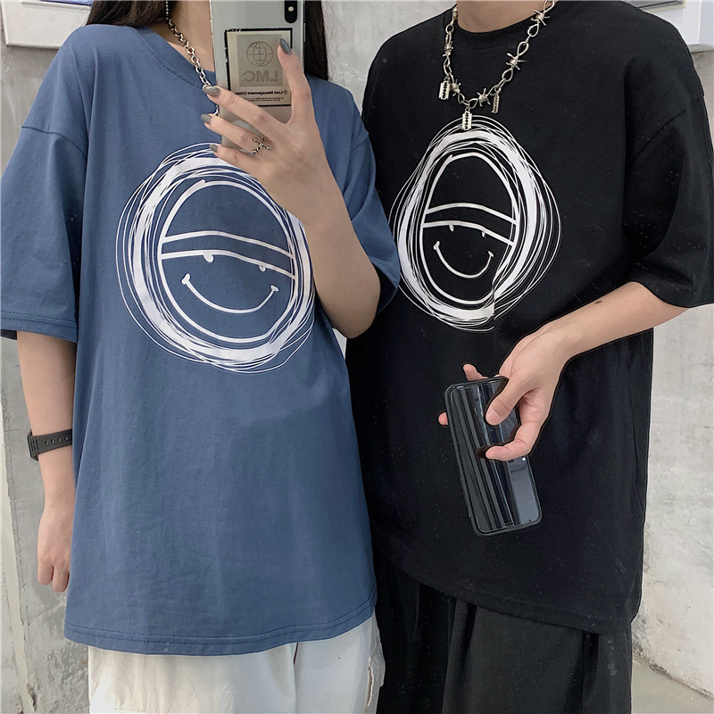 韓版寬松大碼T恤印花 棉短袖情侶裝品牌定制OVERSIZE落肩袖T恤