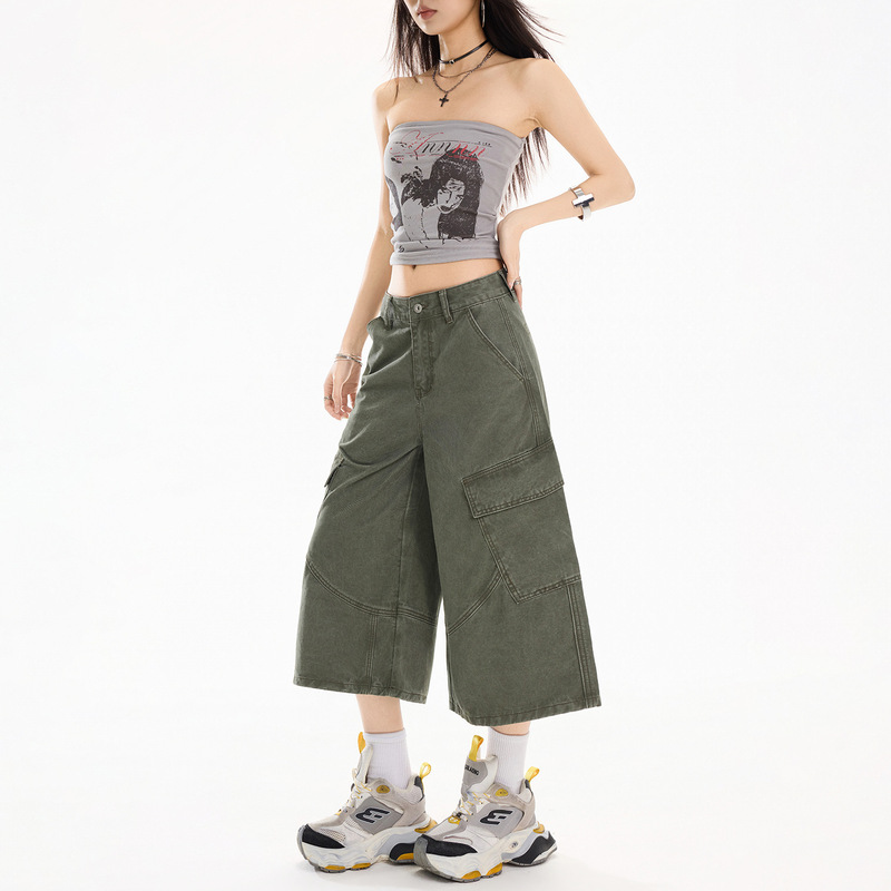 American-Style Washed Multi-Pocket Workwear Cropped Casual Jeans for Women, New Summer High-Waisted Loose Wide-Leg Mid-Length Pants