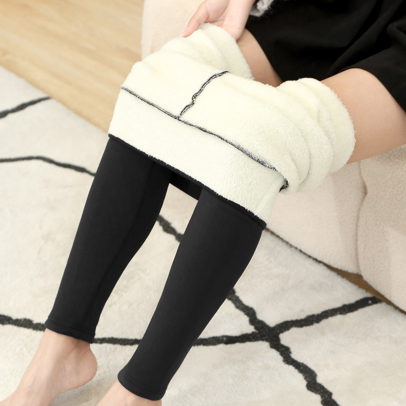 Autumn and Winter Extra-Thick Lamb Fleece-Lined Warm Solid Color High-Waisted Slim-Fit Ankle-Length Leggings Suitable for Outerwear