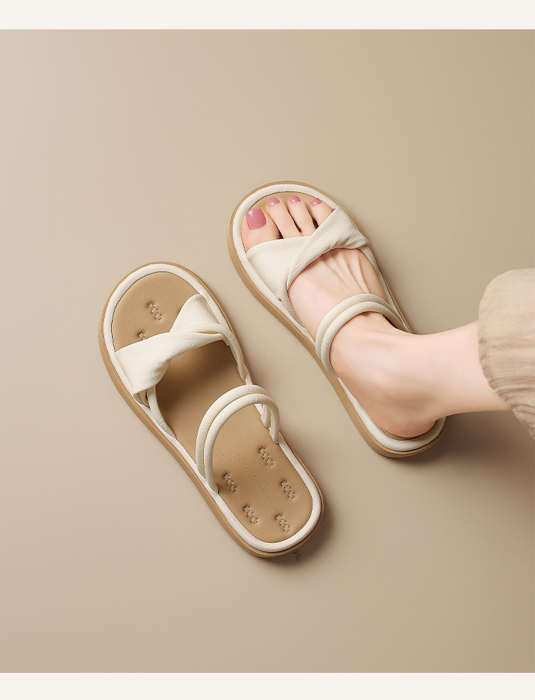 Dép sandal nữ xỏ ngón đế bệt quai ngang phong cách beach — LI51 Màu be chi tiết 14
