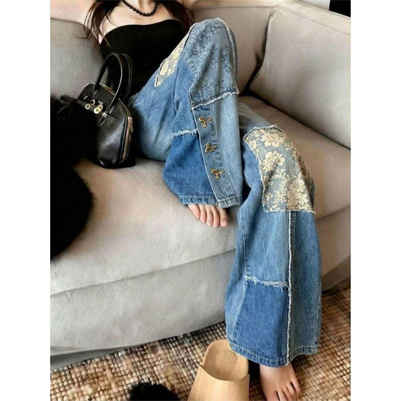 Stylish and Unique Women's Jeans: Loose Fit, Straight Leg, Vintage, Distressed, Versatile, Patchwork Denim Trousers Stylish and Unique Women's Jeans: Loose Fit, Straight Leg, Vintage, Distressed, Versatile, Patchwork Denim Trousers