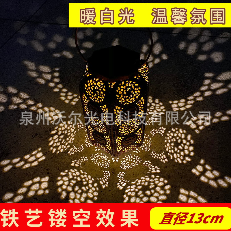 热销 亚马逊LED 六角太阳能灯户外庭院装饰景观灯 镂空灯笼投影灯