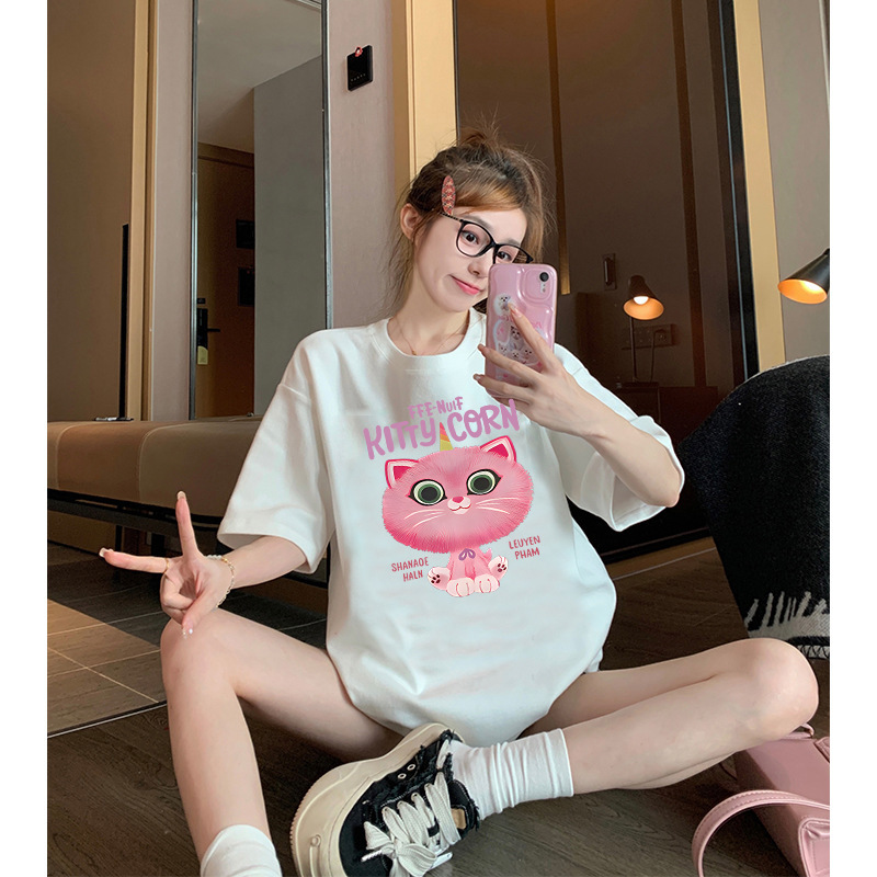 純綿半袖tシャツ女性夏韓国版新型ゆるい丸首小衆白色アニメプリント学生半袖tシャツ|undefined