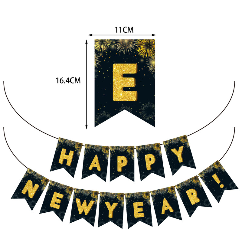 2025 HAPPY NEW YEAR花火黒金新年ラ旗年越し配置アリ旗誕生日パーティー服|undefined
