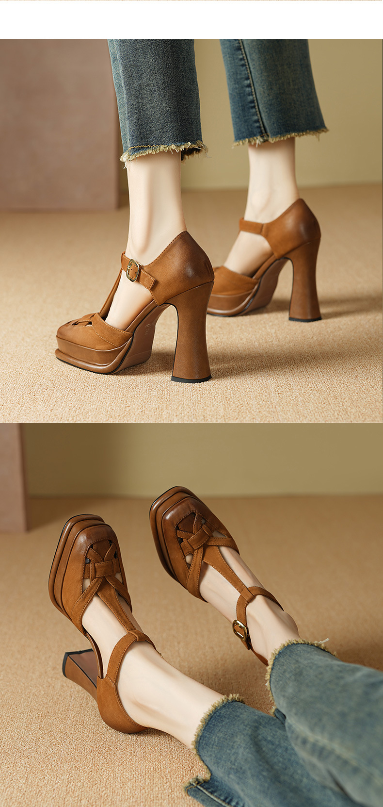 Giày sandal cao gót nữ bít mũi hở gót, quai chữ T, gót 12 cm, đế thô — Màu caramel chi tiết 5