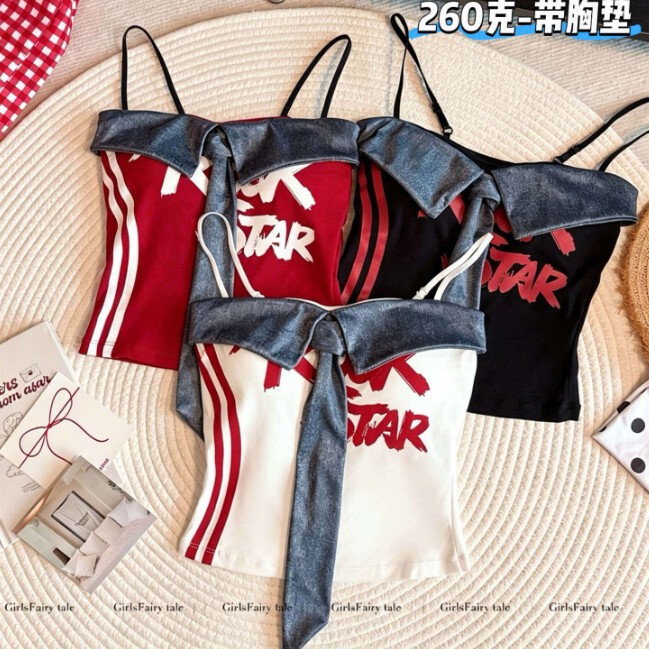 6228 # American-Style Denim Red Spaghetti Strap Tube Top for Women, Unique Thai-Style Hot Girl Tank Top with Chest Pads and Beautiful Back Design 6228 # American-Style Denim Red Spaghetti Strap Tube Top for Women, Unique Thai-Style Hot Girl Tank Top with Chest Pads and Beautiful Back Design