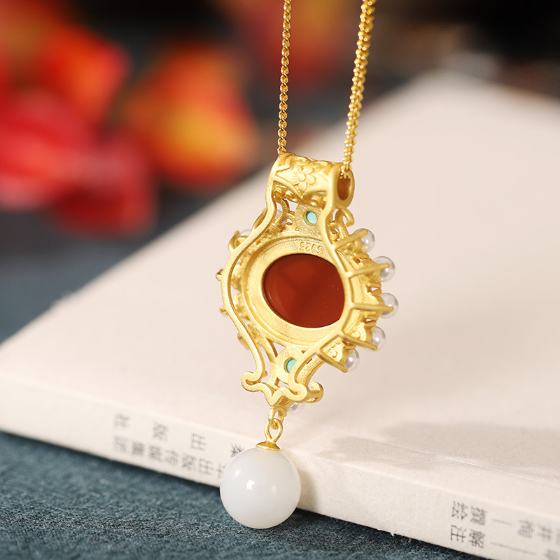 s925 silver inlaid red agate fashion gold-plated inlaid turquoise pearl ring