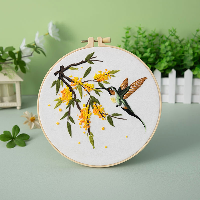 Paquete de material de bordado a mano de bricolaje, colibrí, martín pescador, flor, pájaro, pájaro, bordado de tela, nuevo original, inglés transfronterizo