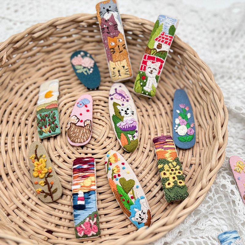 Lu bordado lindo gato perla coreano pinzas de pelo hechas a mano diy bordado creativo para chicas rotas flores pinzas de pelo lateral