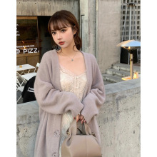 【慧琳】日系跨境新款手工花朵珍珠扣貂绒灯笼袖毛衣开衫女24B169