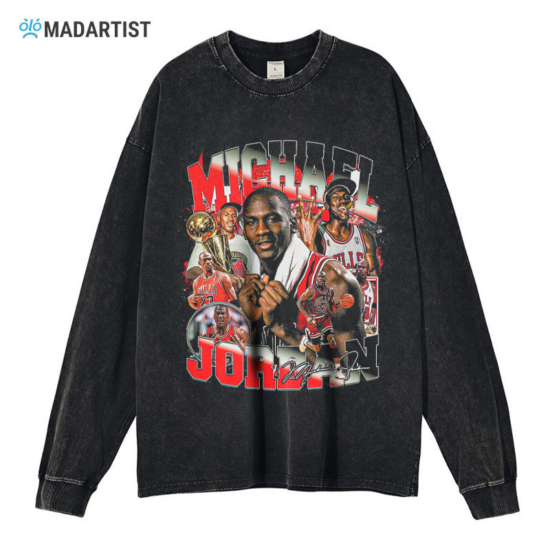 Michael Jordan Long-Sleeved T-Shirt Basketball Star Washed Old American Retro Sweatshirt Loose Cotton Sweatshirt