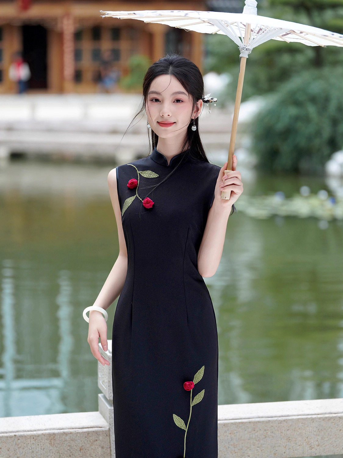 Summer long retro black cheongsam sleevless