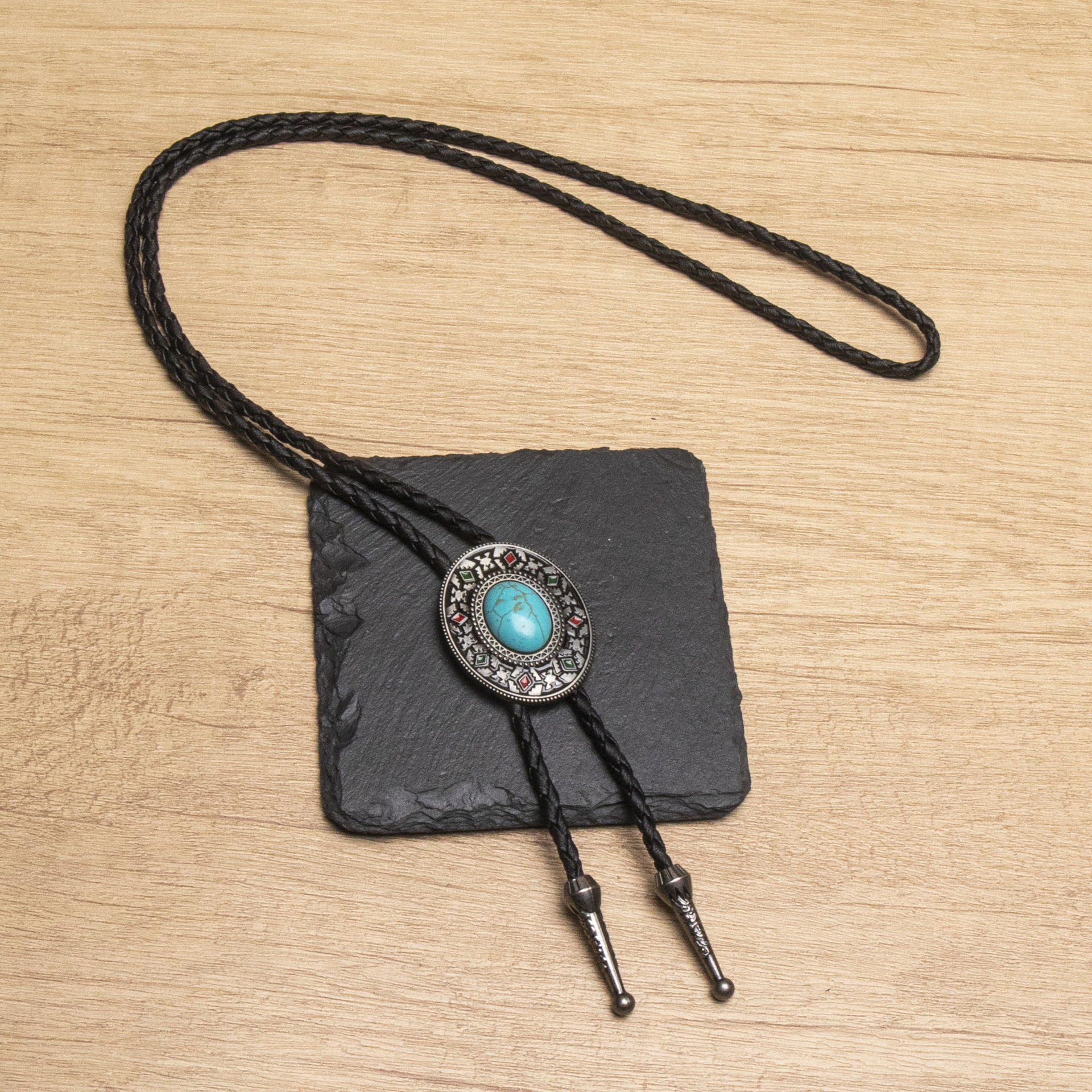 Cross-Border Turquoise Bolo Necklace Lace-Shaped Alloy Oil-Dropping Pu Bolo Collar Necklace Men's Simple Leather Long Style