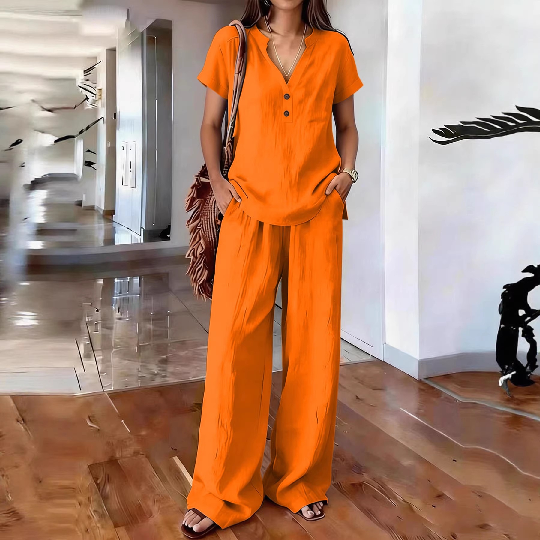 Women's Clothing Women's Casual Cotton Linen Top And Wide Leg Pants Set V Neck Button Up Old Money Style Solid Color_ecoleips.com