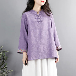 New Chinese Style Retro Button Cotton and Linen Tops for Women Spring Chinese Style Zen Tea Clothes Ethnic Style Literary Embroidered Shirts