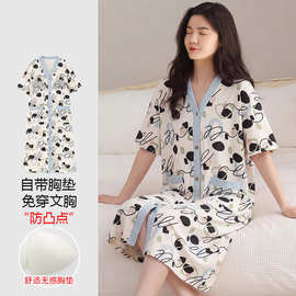 【带胸垫】春秋新款纯棉女短袖开衫和服领睡裙印花休闲女家居服