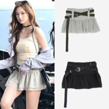 韩国小众24新款ELF张元英同款腰带荷叶边百搭辣妹雪纺短裙百褶裙
