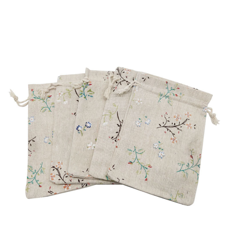 Rama pequeña flor de algodón bolsa de lino de impresión cordón pequeña bolsa de embalaje de la medicina herbal china joyería bolsa de regalo al por mayor