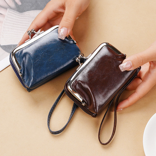 Retro leather coin purse clip buckle multi-compartment card slot card bag hand strap coin bag gift bag