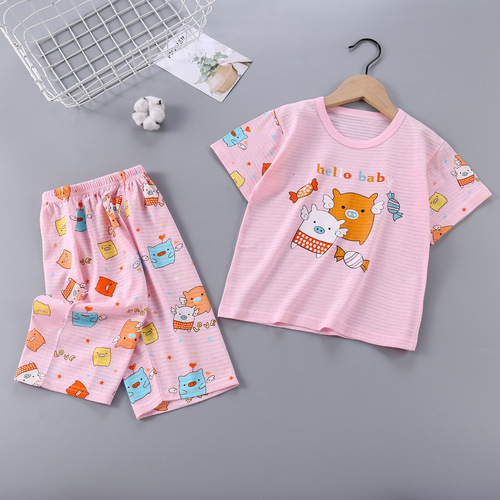 Children's short-sleeved suit summer boys' breathable air-conditioned clothing pure cotton clothing Korean style children's clothing girls' pajamas home clothes
