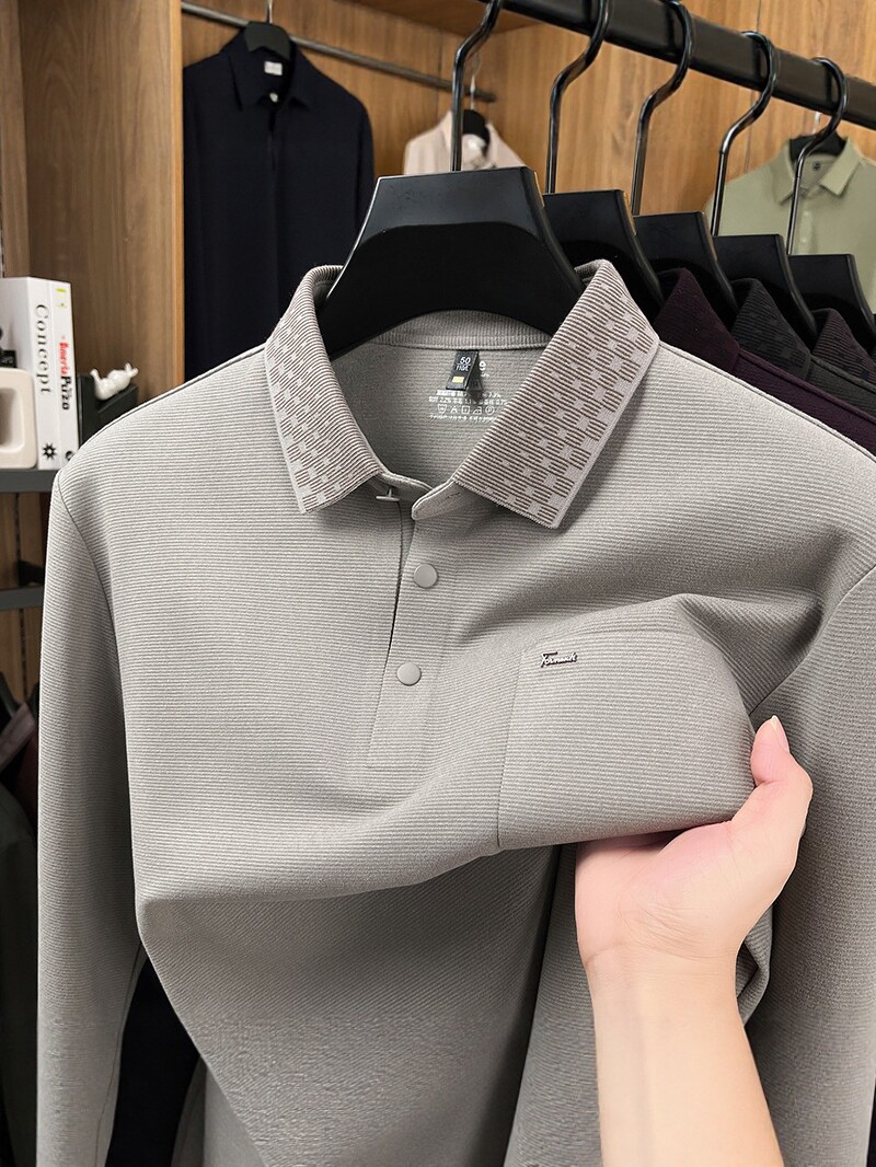 Thickened 310g Wool and Silk Seamless Long-Sleeve Polo Shirt for Men, 2026 Spring Season, Breathable Casual Men's T-Shirt with Turn-Down Collar