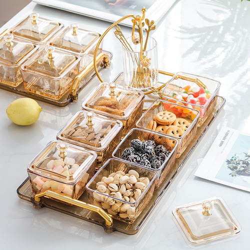 Glass dried fruit dish with plastic cover double ear tray snack plate snack cake plate Nordic light luxury snack plate