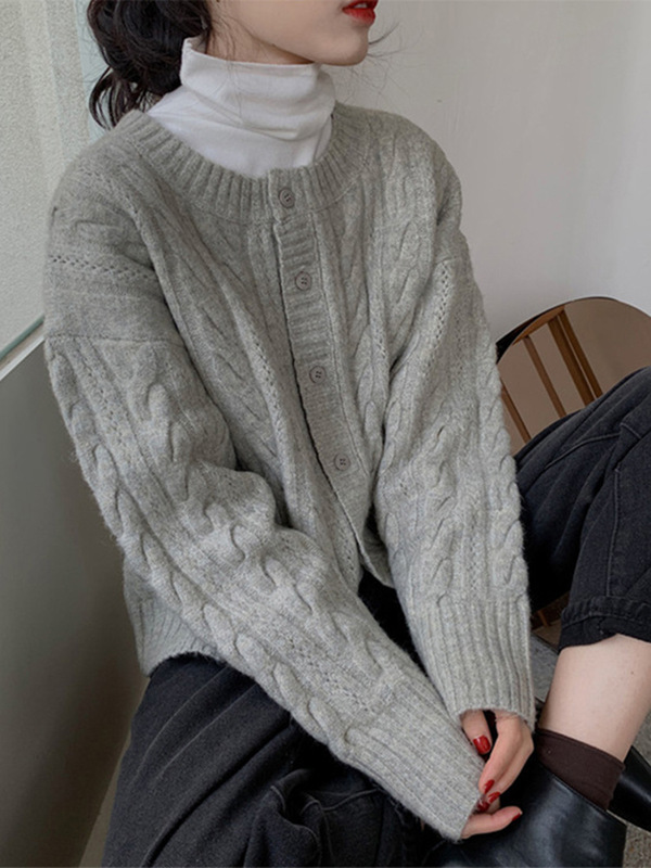 Gray soft glutinous thick twist sweater coat small women's clothing autumn and winter loose lazy style knitted cardigan outer wear thick