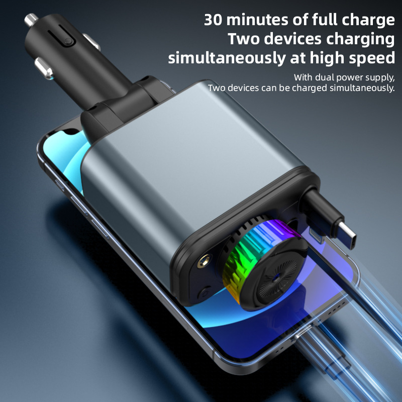 Car fast charger with starry sky light, ambient light, aromatherapy diffuser, Bluetooth MP3 player, retractable data cable