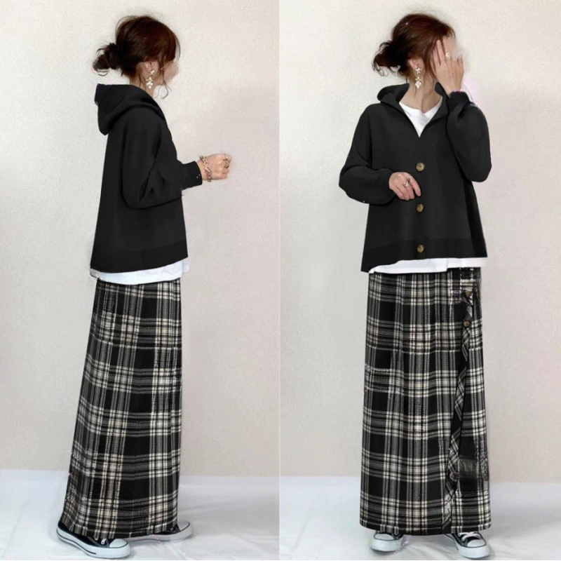 Модный комплект из двух предметов, трансграничный экспорт, черная толстовка с капюшоном японского качества, куртка + клетчатая юбка