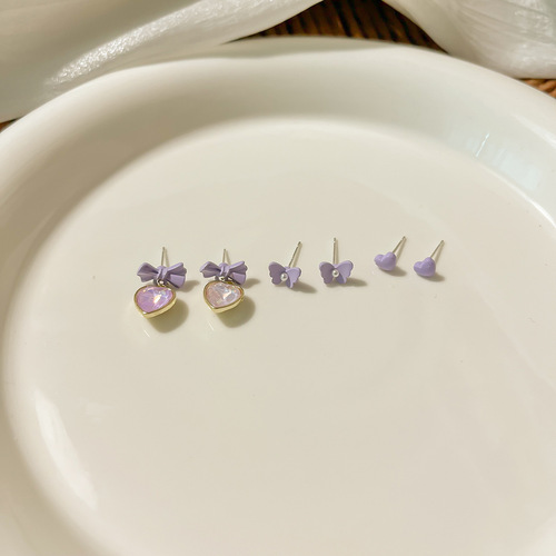 Purple Forest Silver Needle Earring Set New Girl Student Sweet Girly Heart Versatile Earrings Small Love Earrings