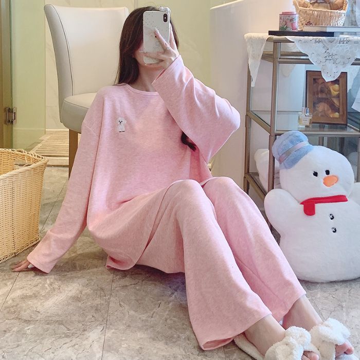 胖mm睡衣女秋冬季新款绵羊绒长袖套装简约风加肥大码家居服可外穿|undefined