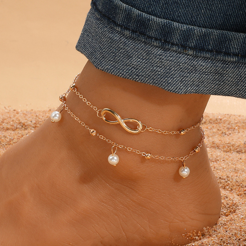 Sumeng Retro Pearl Heart Infinite Double Layer Foot Chain Bracelet Set Women Fashion Bohemian Foot Beach Foot Chain