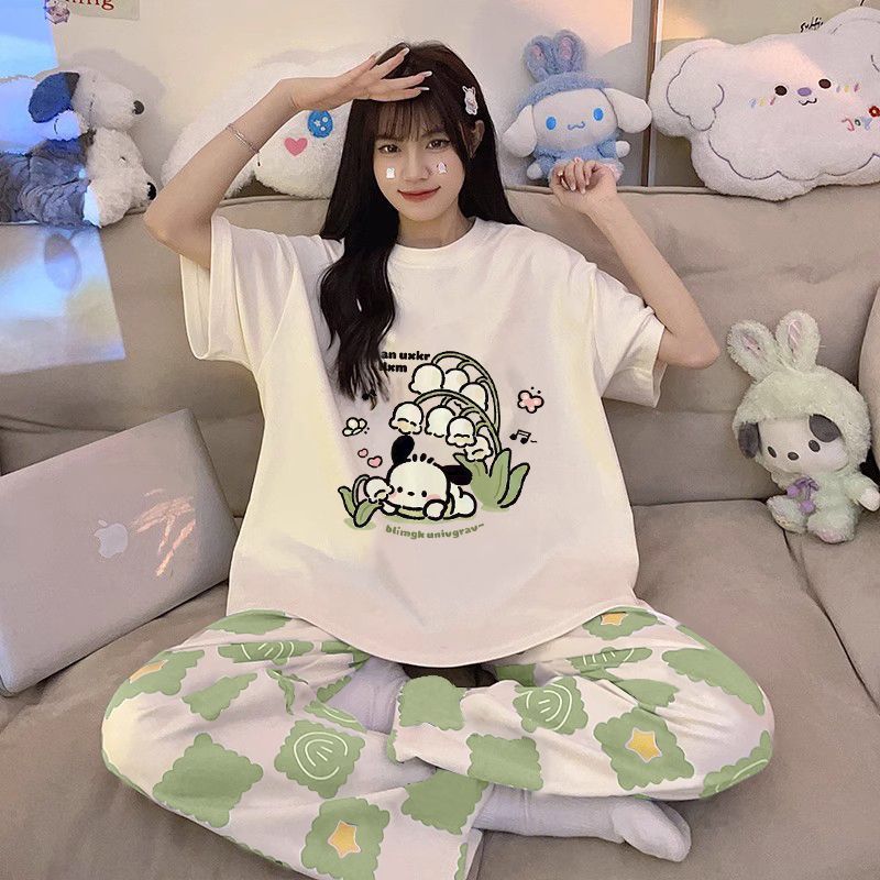 Pijamas al por mayor transfronterizos para mujer verano nuevos pantalones de manga corta sueltos que se pueden usar al aire libre dibujos animados lindo traje de servicio a domicilio imitación algodón