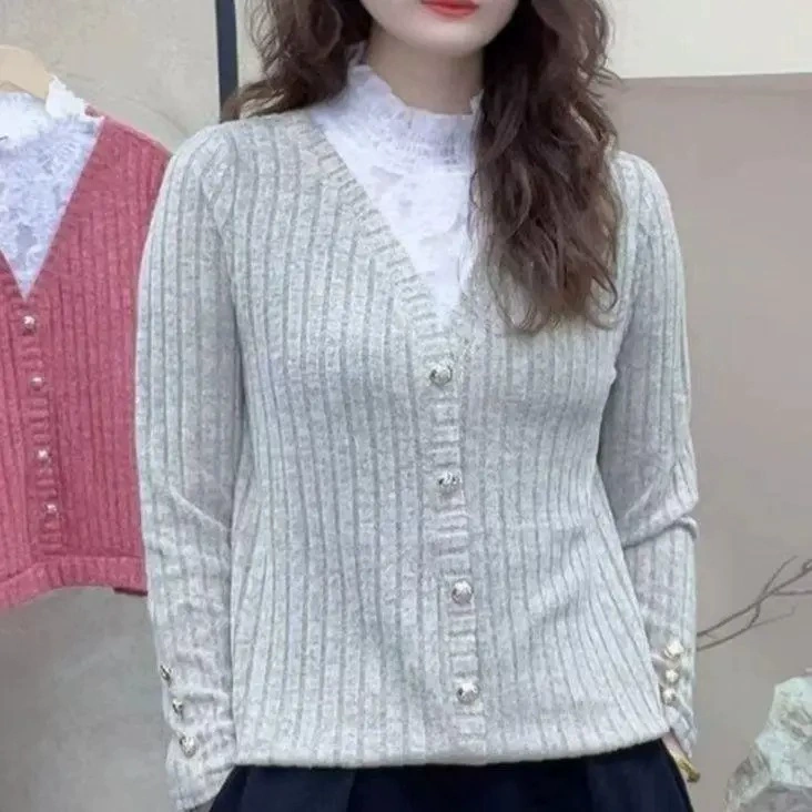 [Фабрика прямых продаж] 2025 весной взрывной кружевной шитой с половинным воротником поддельные два трикотажа