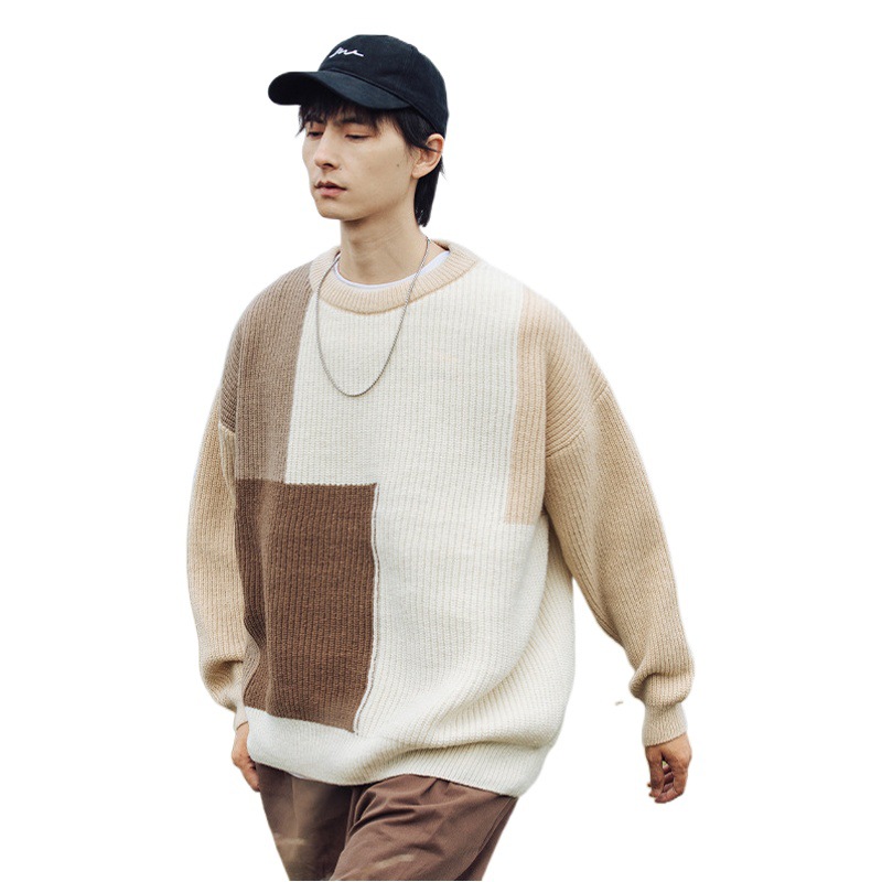 Bloque de color diseño de costura suéter de los hombres 2023 Otoño e Invierno Nueva aguja gruesa textura suéter de cuello redondo abrigo