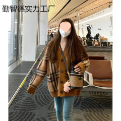 2025女秋慵懒中长款针织开衫上衣复古领格子毛衣外套