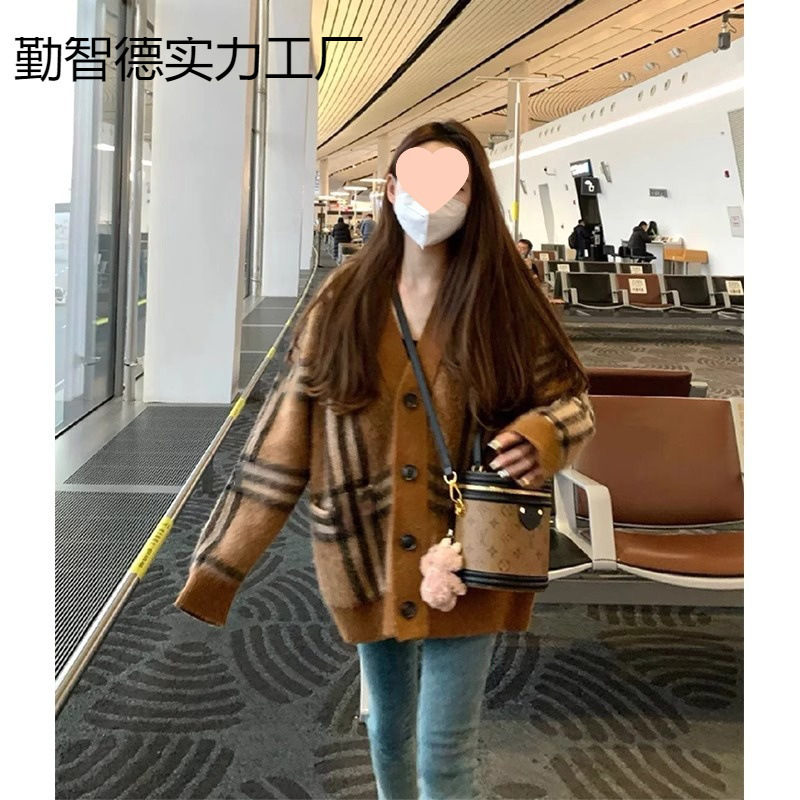 2025女秋慵懒中长款针织开衫上衣复古领格子毛衣外套|undefined