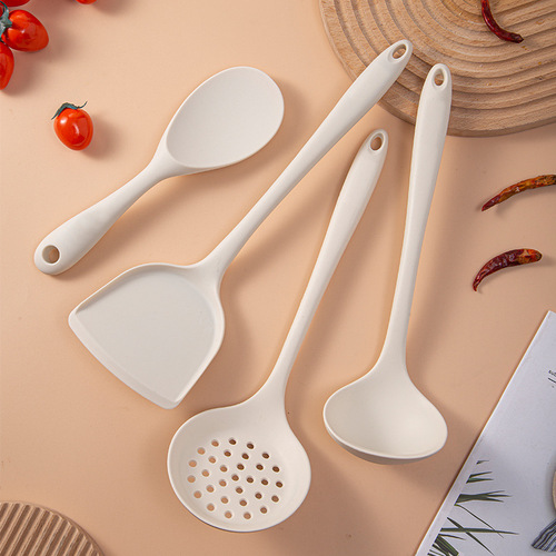 All-inclusive silicone kitchen utensils, milky white 4-piece set, silicone spatula, soup spoon, high temperature resistant cooking spatula, colander