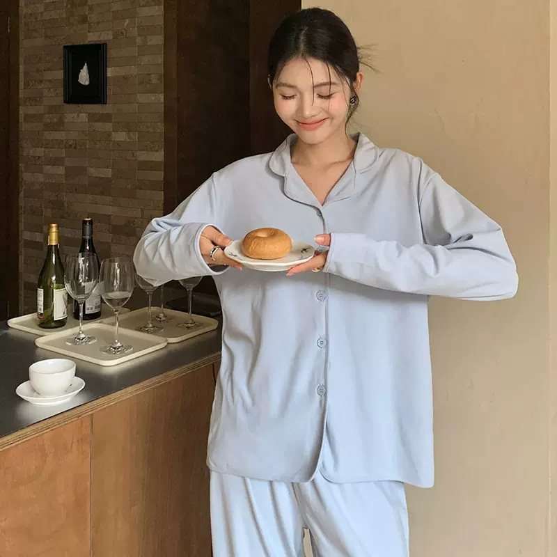 森岛秋冬家居服女韩版纽扣纯色长袖上衣长裤保暖套装宽松外穿睡衣