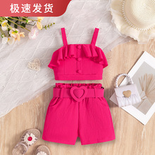 童装套装 跨境亚马逊夏季新款吊带荷叶边短上衣+花边短裤腰带女童