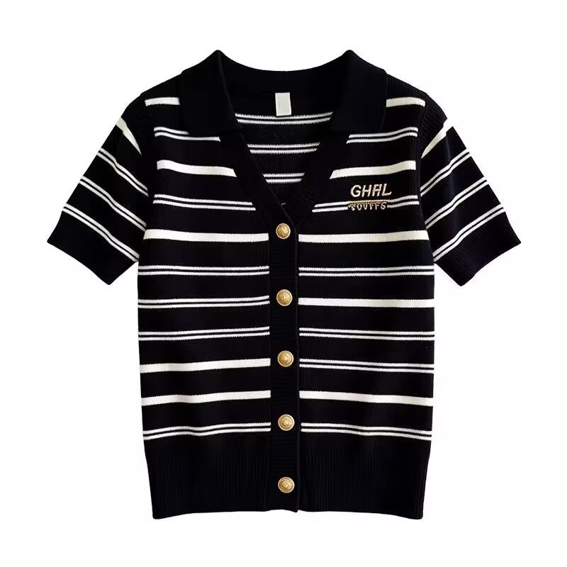 Áo len cổ polo ngắn tay nữ sọc kẻ thanh lịch — Sọc
