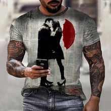 跨境外貿速賣通復古情侶畫像數碼印花T恤男士運動潮流短袖T恤衫