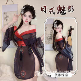 三生吟性感日系情趣内衣和服制服纯欲免脱印花睡衣黑色套装2131