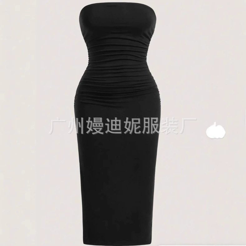 2025 Европейское и американское летнее женское однотонное сексуальное длинное платье без рукавов и бретелек с подтяжкой бедер.