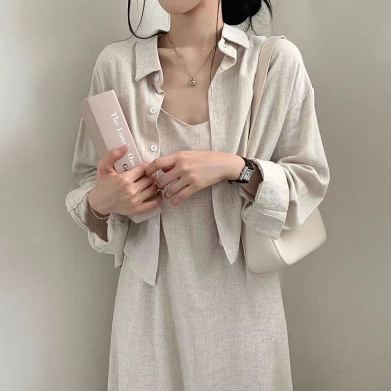 Korean Style 2026 Spring and Autumn French Retro Elegant Age-Reducing Sexy Suspender Dress + Shirt Jacket Two-Piece Set for Women Korean Style 2026 Spring and Autumn French Retro Elegant Age-Reducing Sexy Suspender Dress + Shirt Jacket Two-Piece Set for Women
